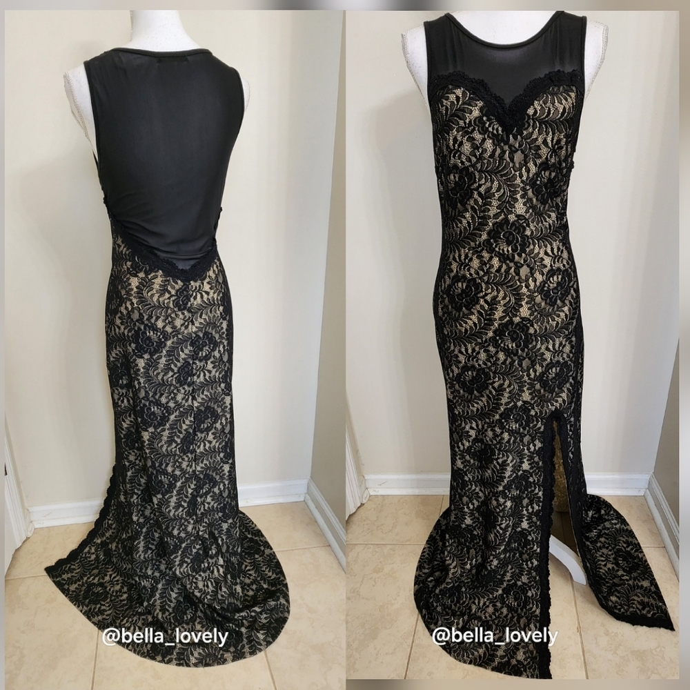 Formal Elegant Black Cream Lace Backless Sheer Back Dress - Picture 1 of 12